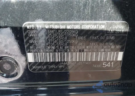 2018 Mitsubishi Outlander Es/Le/Se/Sel from USA, damaged, VIN JA4AZ3A31JZ071431